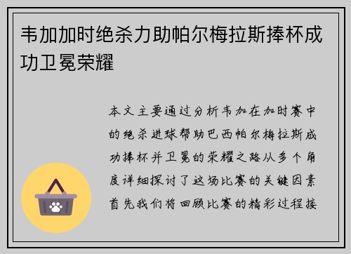 韦加加时绝杀力助帕尔梅拉斯捧杯成功卫冕荣耀