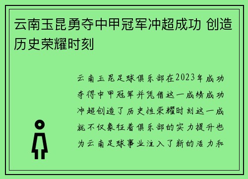云南玉昆勇夺中甲冠军冲超成功 创造历史荣耀时刻