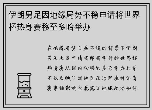 伊朗男足因地缘局势不稳申请将世界杯热身赛移至多哈举办