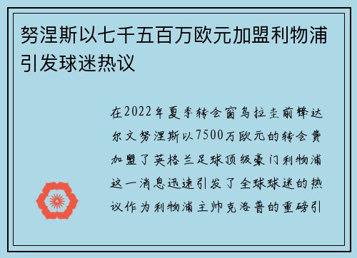 努涅斯以七千五百万欧元加盟利物浦引发球迷热议