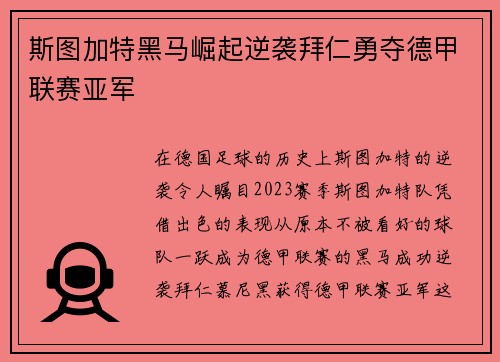 斯图加特黑马崛起逆袭拜仁勇夺德甲联赛亚军 斯图加特黑马崛起逆袭拜仁勇夺德甲联赛亚军
