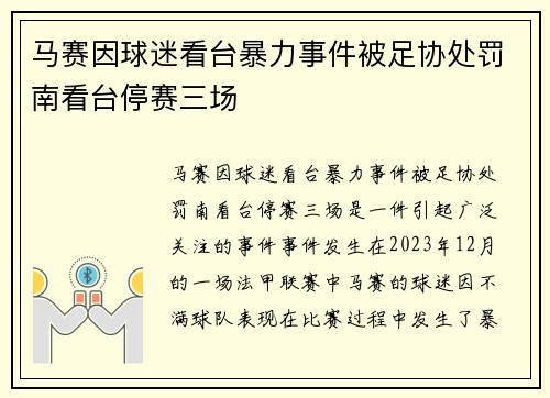 马赛因球迷看台暴力事件被足协处罚南看台停赛三场